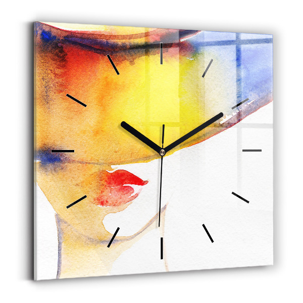 Square glass wall clock Woman in a hat