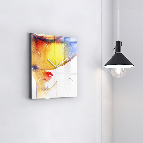 Square glass wall clock Woman in a hat