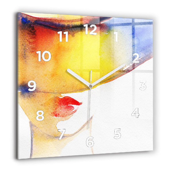 Square glass wall clock Woman in a hat