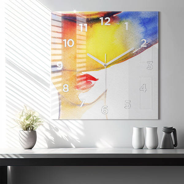Square glass wall clock Woman in a hat