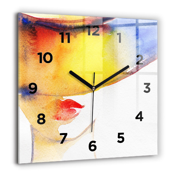 Square glass wall clock Woman in a hat