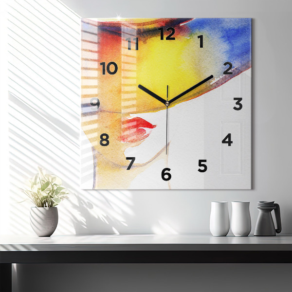 Square glass wall clock Woman in a hat