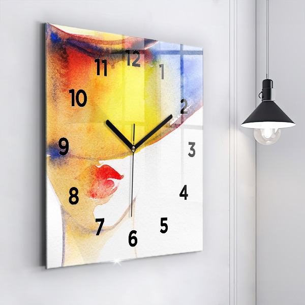 Square glass wall clock Woman in a hat