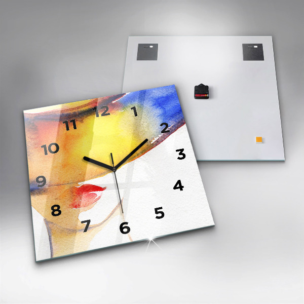 Square glass wall clock Woman in a hat