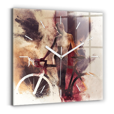 Square glass wall clock Woman and bike