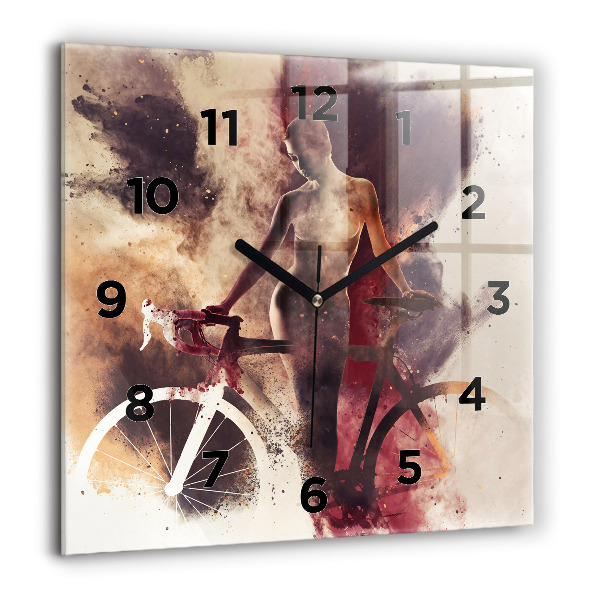 Square glass wall clock Woman and bike