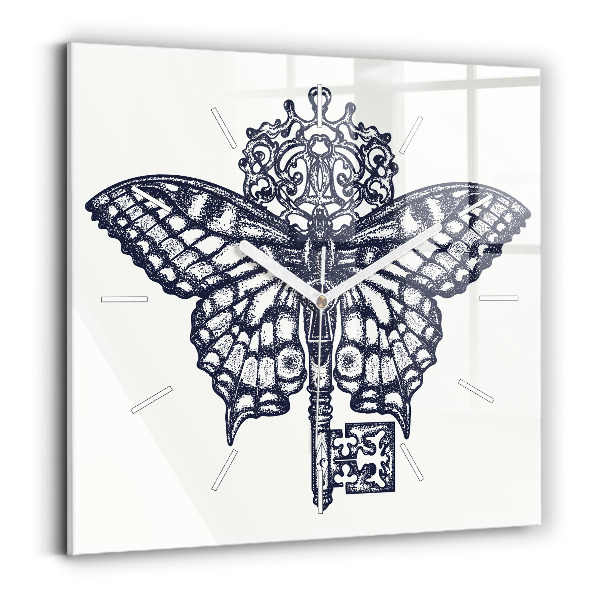 Square glass wall clock Butterfly and key - boho style
