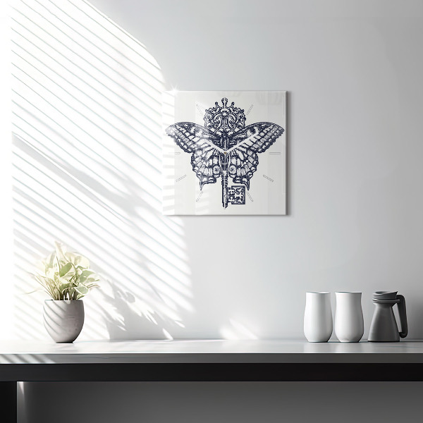 Square glass wall clock Butterfly and key - boho style