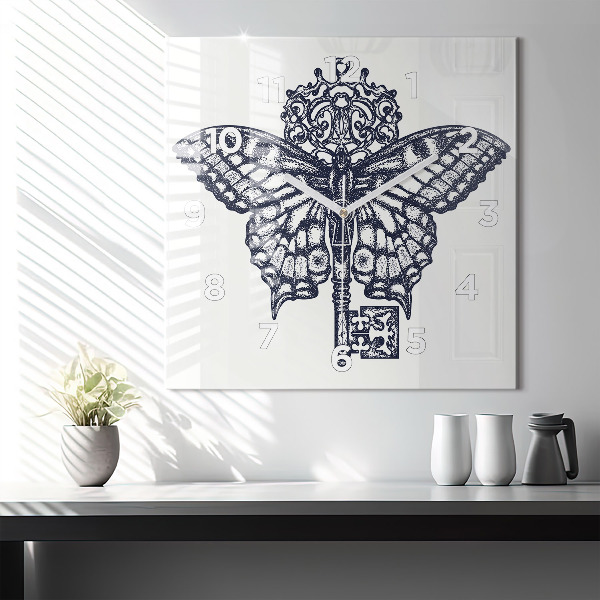 Square glass wall clock Butterfly and key - boho style