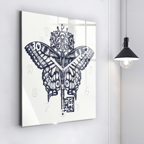 Square glass wall clock Butterfly and key - boho style