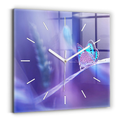 Square glass wall clock Butterfly on the grass