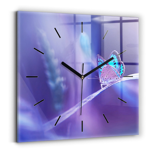 Square glass wall clock Butterfly on the grass