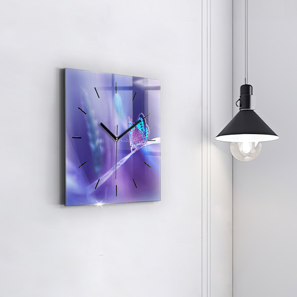 Square glass wall clock Butterfly on the grass