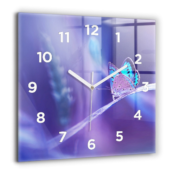 Square glass wall clock Butterfly on the grass