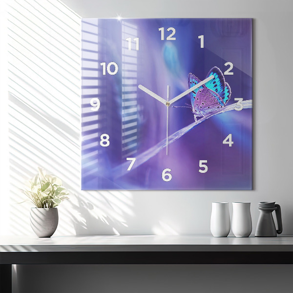 Square glass wall clock Butterfly on the grass