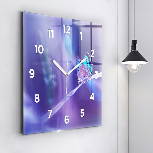 Square glass wall clock Butterfly on the grass