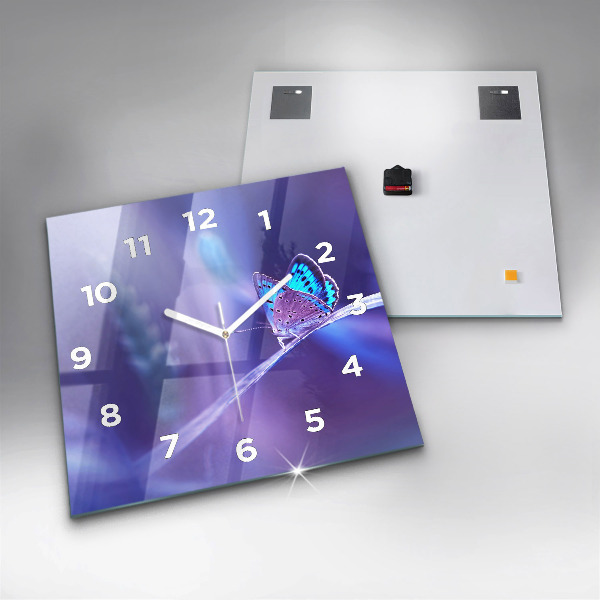 Square glass wall clock Butterfly on the grass