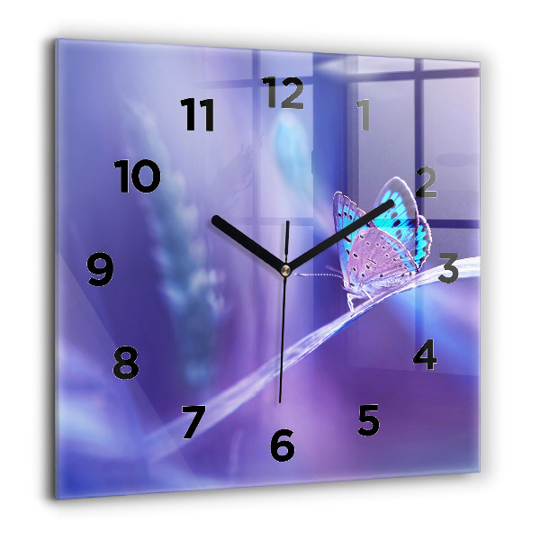 Square glass wall clock Butterfly on the grass