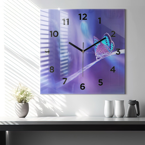 Square glass wall clock Butterfly on the grass