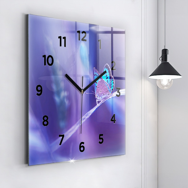 Square glass wall clock Butterfly on the grass