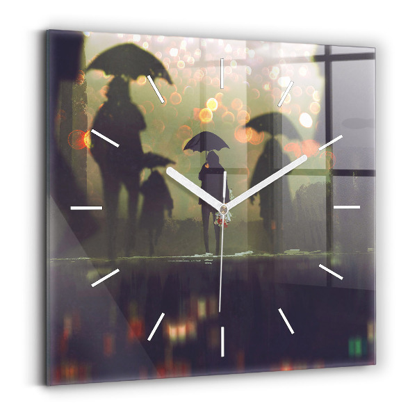 Square glass wall clock People with umbrellas
