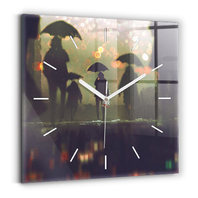 Square glass wall clock People with umbrellas