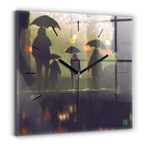 Square glass wall clock People with umbrellas