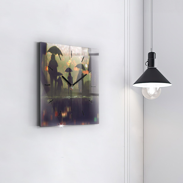 Square glass wall clock People with umbrellas