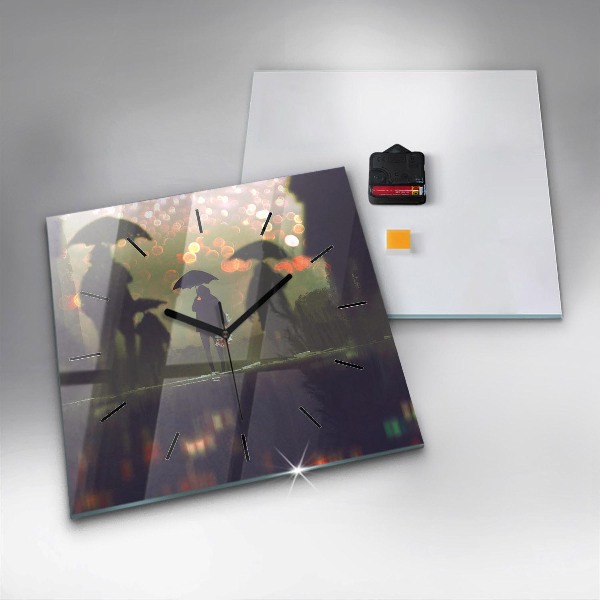 Square glass wall clock People with umbrellas