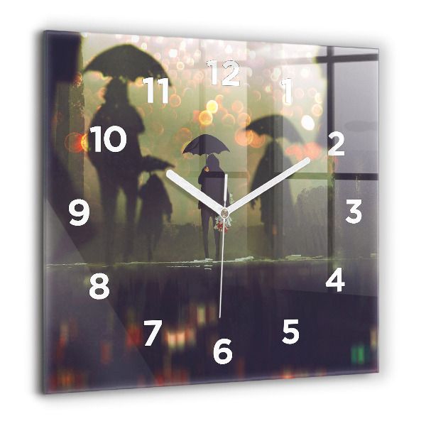 Square glass wall clock People with umbrellas