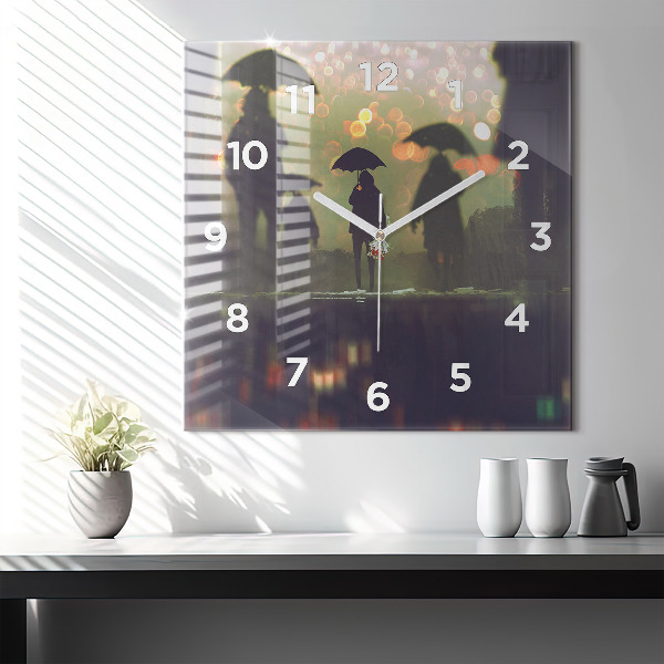 Square glass wall clock People with umbrellas