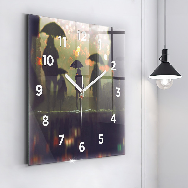 Square glass wall clock People with umbrellas