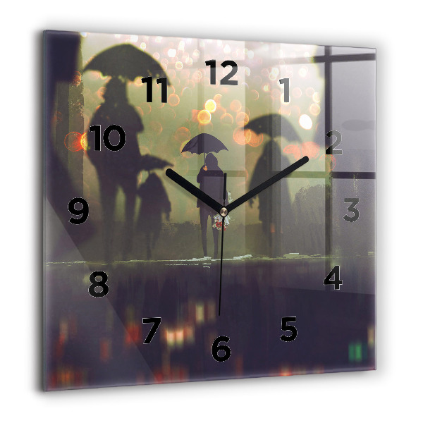 Square glass wall clock People with umbrellas