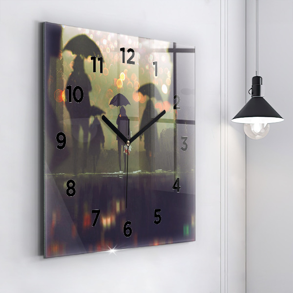Square glass wall clock People with umbrellas