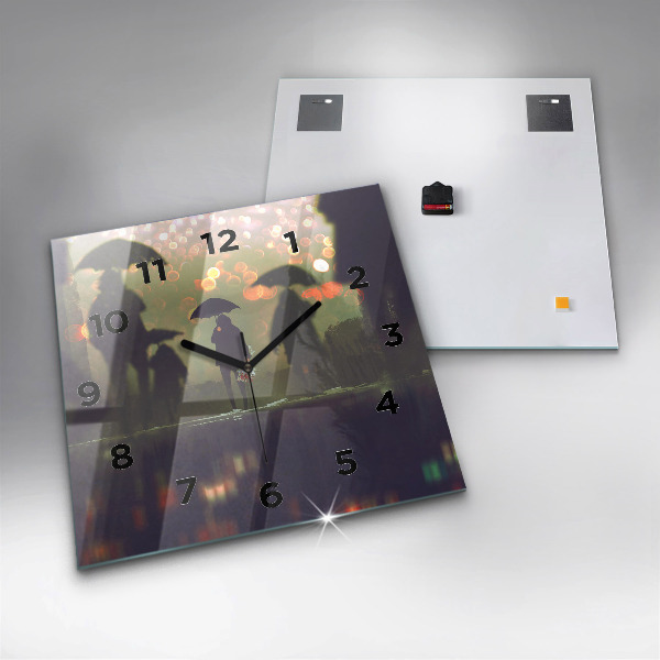 Square glass wall clock People with umbrellas