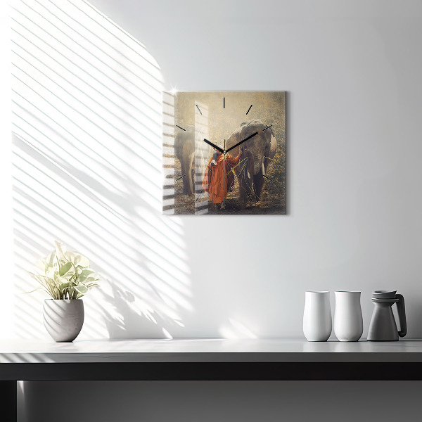 Square glass wall clock Monk leading elephants
