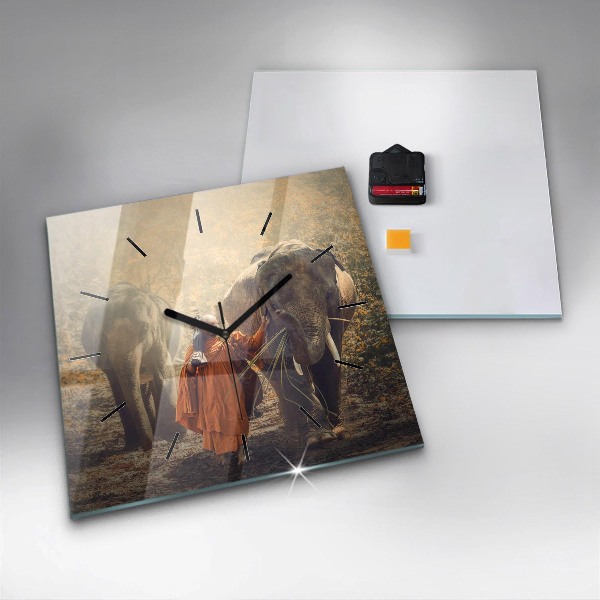 Square glass wall clock Monk leading elephants