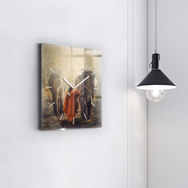 Square glass wall clock Monk leading elephants
