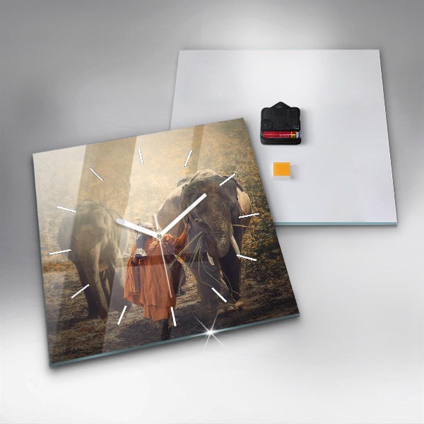 Square glass wall clock Monk leading elephants