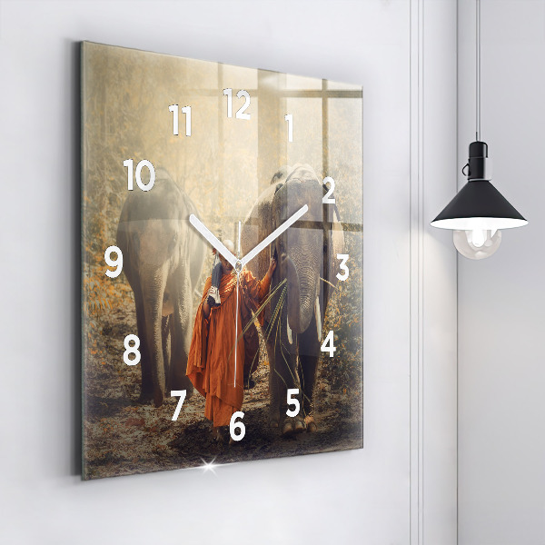 Square glass wall clock Monk leading elephants