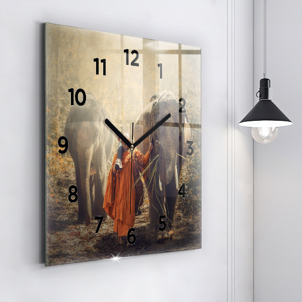 Square glass wall clock Monk leading elephants