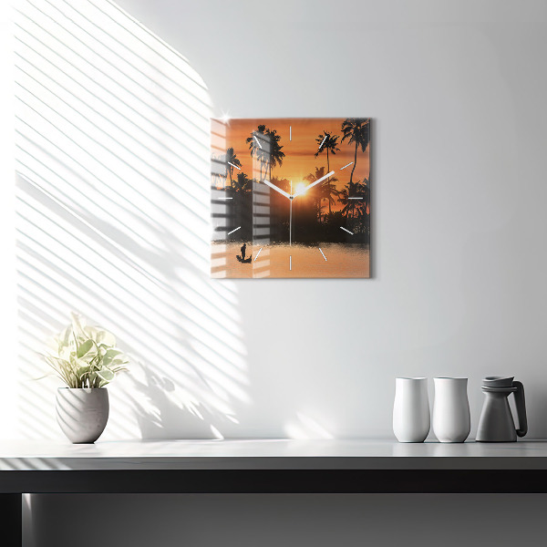 Square glass wall clock Sunset and palm trees