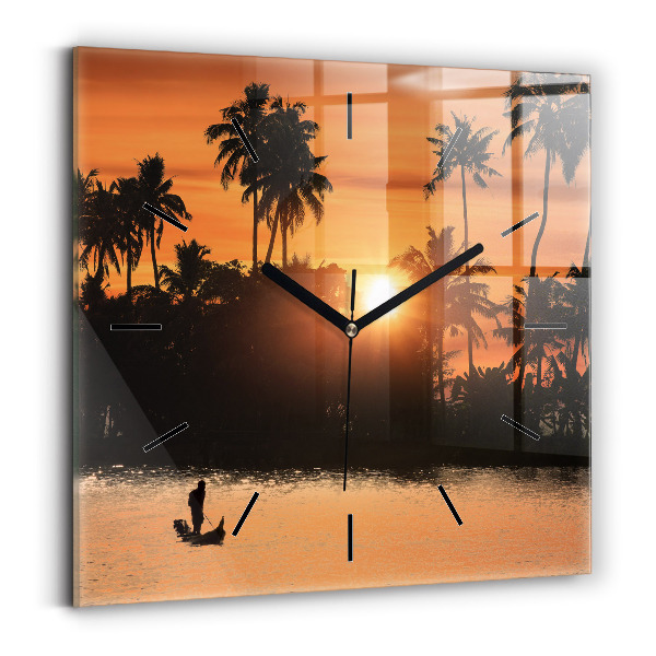 Square glass wall clock Sunset and palm trees