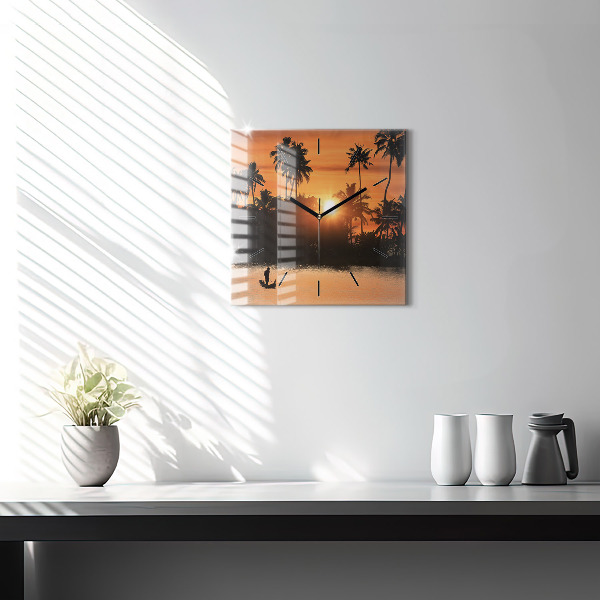Square glass wall clock Sunset and palm trees