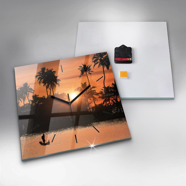 Square glass wall clock Sunset and palm trees