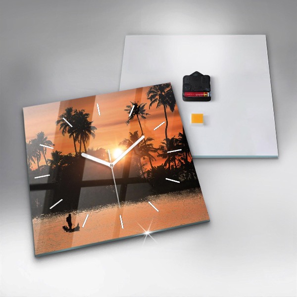 Square glass wall clock Sunset and palm trees
