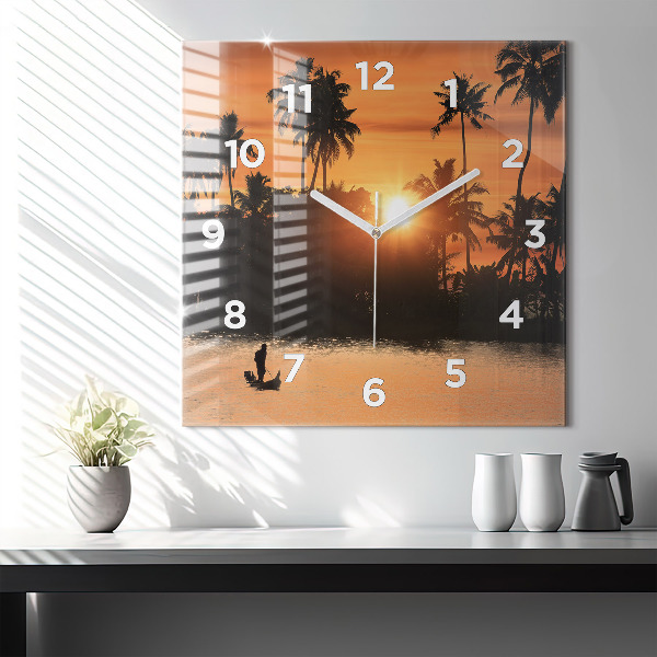 Square glass wall clock Sunset and palm trees