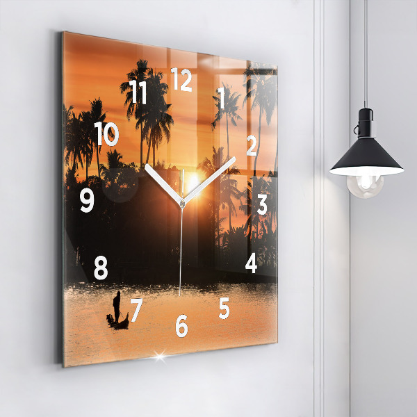 Square glass wall clock Sunset and palm trees