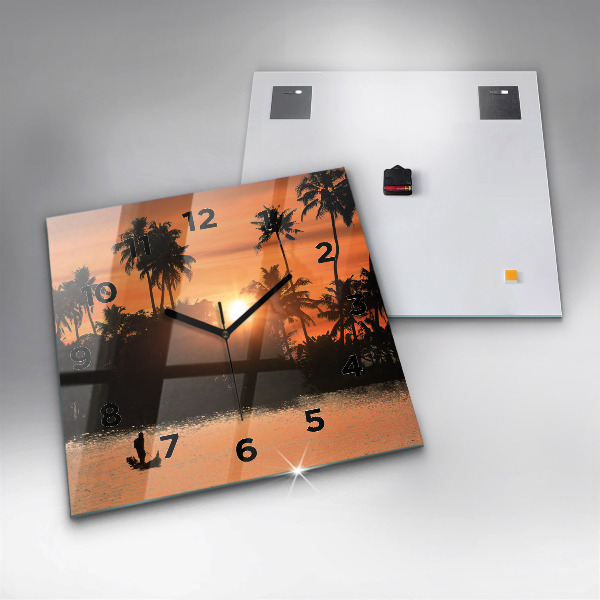 Square glass wall clock Sunset and palm trees