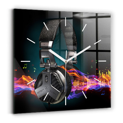Square glass wall clock Headphones and sound waves